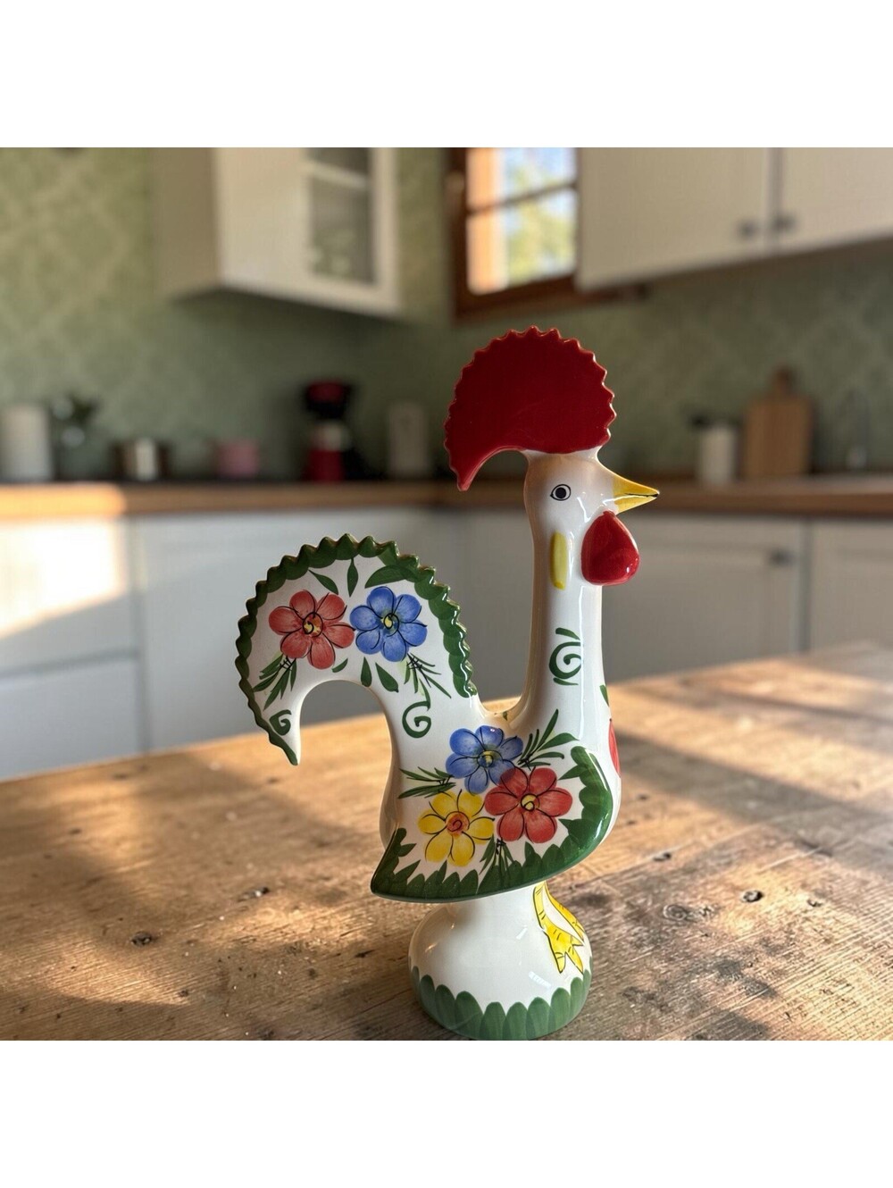 Hand Painted Ceramic Floral Rooster Figurine 12" Folk Art Decor